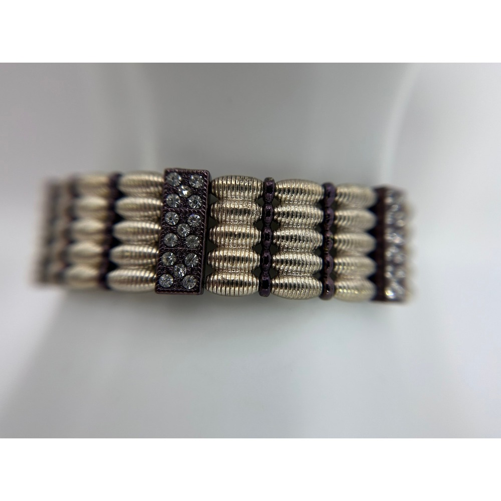 Vintage Silver Tone Multi Row Ribbed Bead Rhinestone Stretch Cuff Bracelet